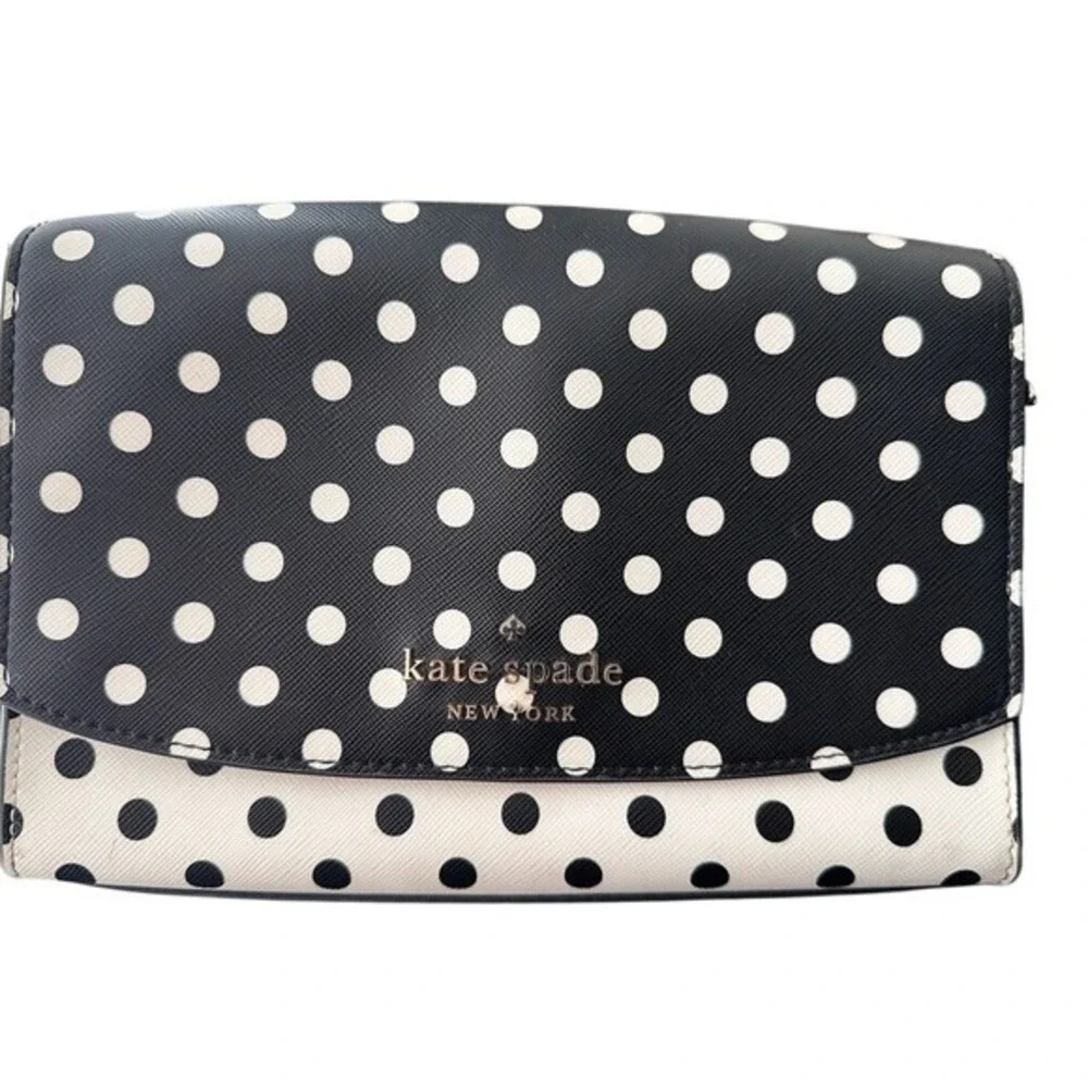 Kate Spade‎ Polka Dot Saffiano Leather Crossbody Bag Black White Gold Hardware